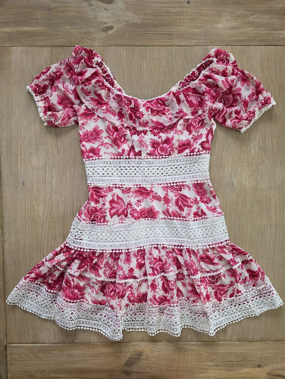Entro Pink Floral Lace Trim Off Shoulder Dress Women's Size Medium